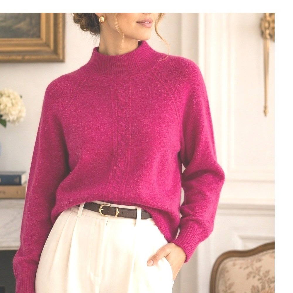 Neill Flowers‎ Angora Blend Mock Neck Cable Knit Sweater Old Money Vintage